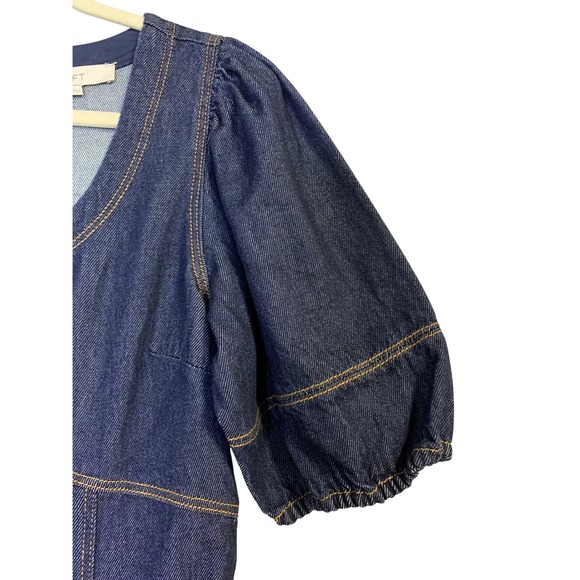 LOFT Denim Swing Dress Puff Sleeve Square Neck Dark Wash Size 10 - Picture 7 of 12